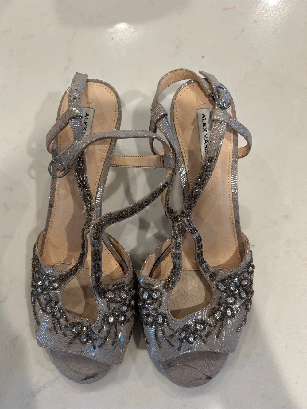 Alex Marie Silver Embellished T-Strap Heels